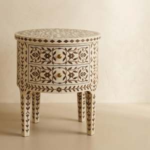 Round MDF Resin Inlay Bedside Wardrobe With Carved Floral Pattern Double Table Classic Style End Table For Living Room - Product Image 1