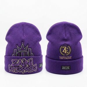 Gorro de Punto Acrílico Premium para Hombre, 280 GSM, Cálido, Acanalado, para Invierno, con Logotipo Bordado Personalizado con Pedrería, Estilo Urbano, Color Morado - Product Image 1