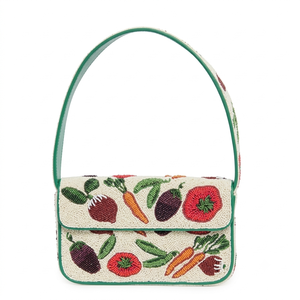 Sac à bandoulière artisanal en perles végétales pour femme, pochette de soirée à rabat motif carotte et tomate, sac à main de jardin à porter sous le bras - Product Image 1