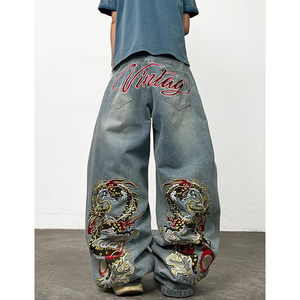 Jeans baggy pour hommes, style hip-hop, denim noir délavé, coupe ample, pantalon à jambes larges, vêtements de mode urbaine - Product Image 4