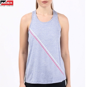 Camiseta sin mangas Index para mujer, color gris melange, con rayas blancas y rosas, cuello redondo, tejida, informal, para verano, para hacer ejercicio - Product Image 1