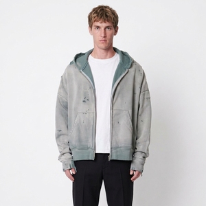 Sudadera con capucha y cremallera para hombre, estilo oversized, desgastada, de color liso, de algodón lavado, felpa francesa, corte holgado informal, estilo otoñal - Product Image 2