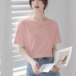 T-shirt décontracté pour femme à col rond, coupe ample, manches courtes, couleur unie, en coton, respirant, en jersey tricoté, idéal pour l'été - Product Image 6