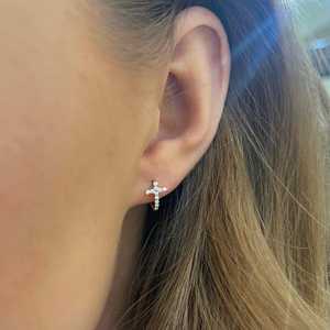 Cross Dangle Diamond Huggie <b>Hoop</b> <b>Earrings</b> Lab Grown Wholesale14k 18k Gold Dainty Hinged Small Cristian Region Gift Manufacture - Product Image 4
