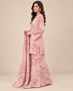 Pink Floral Printed Cotton Indian Top Pants Set Reversible Wrinkle Free Midi <b>Kurta</b> Sharara Outfit for Party Wedding All Seasons - Product Image 2