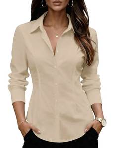 Women's Beige Classic Button Down <b>Shirt</b> Full Sleeve Poplin Cotton Turn-Down Collar Regular Fit <b>Office</b> Wear - Product Image 1