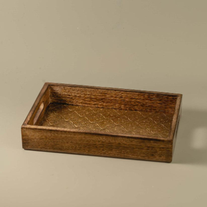 Plateau de service rectangulaire en bois avec doublure à motif végétal, design minimaliste, vaisselle et assiettes - Product Image 4