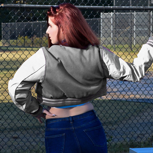 Womens Varsity Crop <b>Jacket</b> Grey <b>White</b> Letterman Style Bomber Coat Faux Leather Sleeves Casual Outerwear Ladies Fashion - Product Image 5