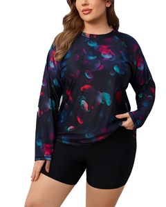 Custom Women Two Piece Rash Guard <b>Swimsuit</b> <b>Long</b> <b>Sleeve</b> Top With Tropical Print Shorts For Swimming Beach And Surf - Product Image 1