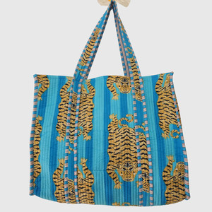 Blue Tiger Print <b>Canvas</b> Tote Bag Bohemian Style Open Top Summer <b>Beach</b> Bag - Product Image 1