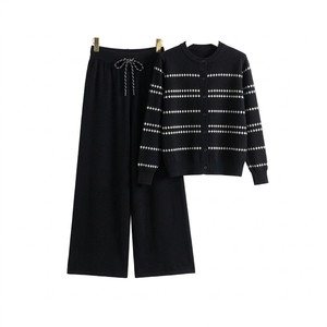 Spring Women's Casual Two-Piece Embroidered Patchwork Sweater Suit Knitted Striped Cardigan <b>Top</b> Loose Pants Knitwear Set - Product Image 1