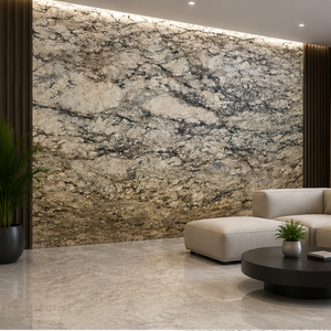 Mármol Calcita Pulido SAHARA DUNES Ecológico con Vetas Negras, Blancas y Verdes, Gran Losa, Diseño 3D, Sala de Estar Moderna - Product Image 1