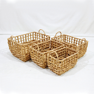 <b>Rectangular</b> Natural Water Hyacinth Eco-Friendly Simple Storage <b>Baskets</b> Set of 4 with Handles Rustic Multi-Purpose Neatening Bins - Product Image 4