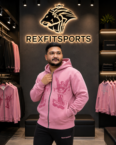 REXFIT SPORTS 2026 Sweat à capuche rose pour homme avec fermeture éclair intégrale et motif, 280-300 GSM, en molleton de coton et polyester, style streetwear, gym, décontracté - Product Image 5