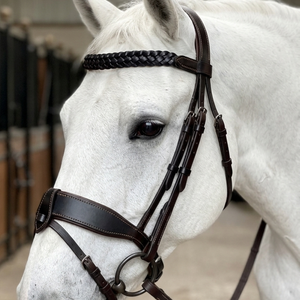 English Anatomic <b>Black</b> Leather Horse Bridle Woven Browband Wide Padded Crank Noseband Equestrian <b>Harness</b> Set Equestrian Tack OEM - Product Image 1