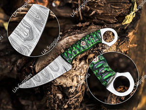 มีดแค้มปิ้งเหล็กดามัสกัสทรงดรอปพอยต์คมกริบ พร้อมปลอกหนังอเนกประสงค์ลายไม้แกะสลัก  OEM/ODM - Product Image 2