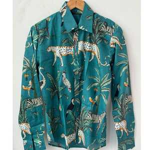 Camisa de Algodón Tejido con Estampado Animal para Mujer, Cuello Abotonado, Manga Larga, Casual, Primavera Verano, Corte Regular, Blusa con Estampado Azul y Rosa - Product Image 1