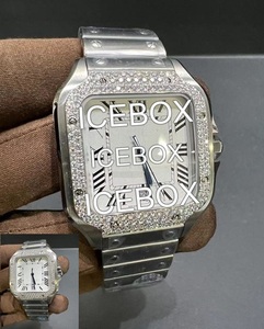 Montre-bracelet carrée pour homme en acier inoxydable et moissanite, cadran en verre, bracelet entièrement serti, fermoir, résistance à l'eau 10 bars - Product Image 4