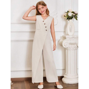 Combinaison asymétrique à boutons sur le devant pour filles, combinaison palazzo sans manches à col en V pour enfants - Product Image 1