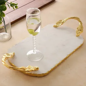 Luxury White Marble Serving Tray with Gold Leaf Handles Single Tier Multifunction Jewelry Storage & <b>Coffee</b> <b>Table</b> Organizer - Product Image 2