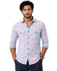 Camisa Casual Personalizada a Cuadros Rosa y Azul Cielo para Hombre, Corte Ajustado, Manga Larga, Botones, Algodón, Elegante, Calidad Premium, Ropa de Moda - Product Image 1