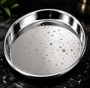 Assiette de service en acier inoxydable, assiette de présentation moderne en métal argenté, assiette de présentation ronde en métal pour les fêtes, à prix réduit. - Product Image 4