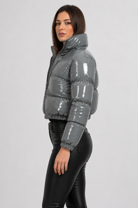 OEM Custom Logo Winter Puffer Crop Style <b>Grey</b> Shine <b>Jacket</b> Women Hooded Down Coat <b>Waterproof</b> Windproof Thermal Outerwear - Product Image 2