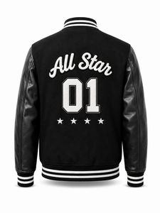 Unisex <b>Black</b> Varsity <b>Jacket</b> Wool/Polyester Embroidered Patchwork Letter R Front Casual Streetwear Turn-down Collar Regular Fit - Product Image 3