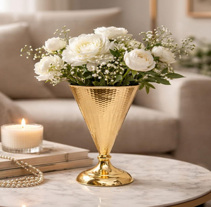 Stunning tall hammered <b>gold</b> metal floor <b>vase</b> showcasing a highly textured horizontal banded look available at wholesale prices. - Product Image 3