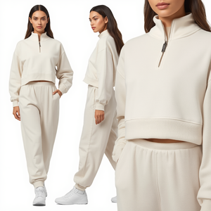 Unisex Hooded Quarter <b>Zip</b> Solid Breathable & Quick Dry Polyester/Cotton Cropped Sweatshirt and Wide Leg Jogger Set - Product Image 4
