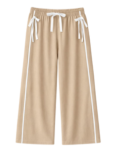 Custom Women Wide Leg Sweatpants Beige Side Stripe High Waist Loose Fit Casual Track Pants Elastic <b>Drawstring</b> Lounge Wear OEM - Product Image 1