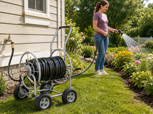 Metal Hose Cart Heavy Duty Hose Reel Cart 150ft with 4 Solid Rubber Wheels for Watering Car Washing Pet Bathing Use ODGGAD020 - Product Image 1