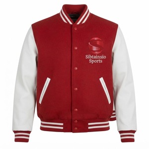 Blouson universitaire rouge et blanc brodé, style bomber, avec manches en cuir contrastant et col et poignets en tricot côtelé rayé – Vente en gros - Product Image 2