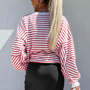 <b>Women's</b> Oversized Striped Lantern Sleeve Sweatshirt Crew Neck Knitted Cotton Bamboo Fiber Autumn Breathable Regular Length - Product Image 5