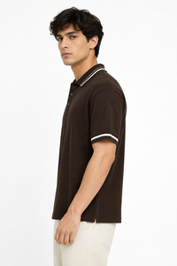 Premium <b>Men's</b> <b>Brown</b> Ribbed for Shirt 100% Cotton Textured Blank Design Breathable Half Sleeve Casual Classic Collared - Product Image 2