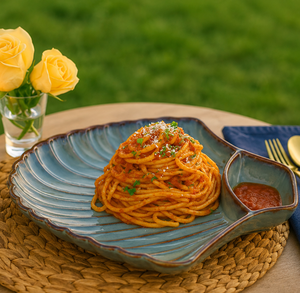 Blue Shell-Shaped <b>Ceramic</b> Serving Platter with Built-in Dip Bowl Decorative Dinner <b>Plate</b> for Pasta, Snacks & Appetizers Modern - Product Image 1