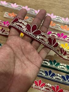 Nylon <b>Mesh</b> <b>Net</b> Fabric Rhinestone & Pearl Beaded Lace Border Silver Wire Thread Embroidered Trim for Bridal Sarees & Dresses - Product Image 1