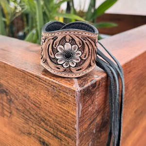 Best Selling Tooled Leather Fringe <b>Bracelet</b> for Women Handmade Genuine Leather Floral Studs Cuff Western Cowgirl Style Wristband - Product Image 3