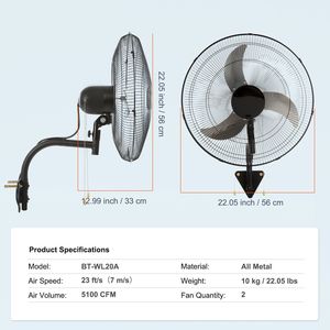 Confezione da 2 Ventilatori Industriali da Parete da 20 Pollici, 3 Velocità, 4000 CFM, Oscillanti, per Uso Interno/Commerciale, Tipo Spina AU/US - Product Image 6