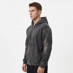Men's Washed 100% Cotton Hoodie Zipper Front Regular Fit Casual Solid Color French Terry Sweatshirt Autumn Wear - Product Image 5