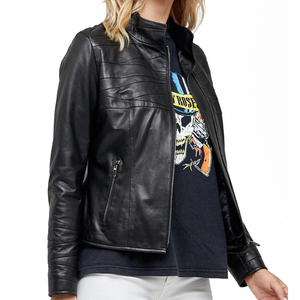 Blouson de moto en cuir de vache véritable tricoté pour femme, col montant zippé, respirant, hiver, grandes tailles, OEM, couleur unie - Product Image 3