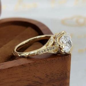 <b>Cushion</b> Cut Diamond Engagement <b>Ring</b> Solid Yellow Gold Vintage Art Deco Style Engraved Milgrain Pave Band Ornate Antique Bridal - Product Image 2
