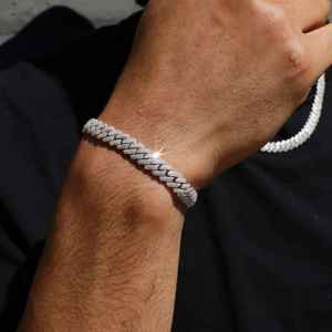Pulsera de Lujo de Oro Blanco de 14K con Eslabones Cubanos y Engaste de Diamantes Geométricos en Zigzag, con Pavé de Diamantes Cultivados en Laboratorio, Estilo Hip Hop Miami - Product Image 1