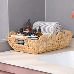 Premium Scalloped Water Hyacinth Storage Basket With Wooden Handles, Handwoven Decorative Organizer Box Wholesale From Vietnam - Product Image 2