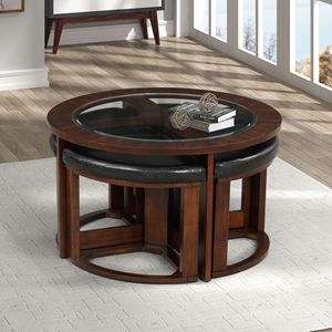 Cylina <b>Solid</b> <b>Wood</b> Round <b>Table</b> Set with 4 Stools Coffee <b>Table</b> and Living Room Furniture Glass <b>Top</b> Elegant Design - Product Image 2