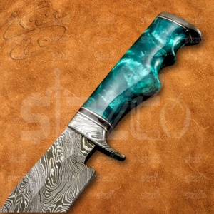 Couteau de chasse et de camping Bowie à lame fixe en acier Damas de qualité industrielle, fait main, OEM, avec fourreau en résine et cuir, longueur totale de 14 pouces - Product Image 5
