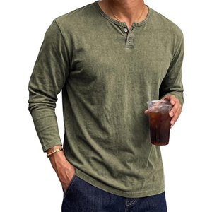 Camisa Henley de algodón lavado de manga larga para hombre, camiseta informal vintage, suéter suave con cuello abotonado para otoño y uso diario - Product Image 2