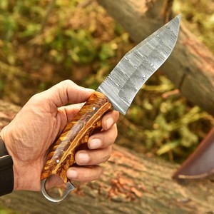 Hand Forged Damascus Steel Skinner Knife Pine Cone Handle Full Tang Fixed Blade Finger Ring Knife with <b>Leather</b> Sheath Custom OEM - Product Image 4