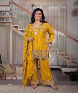 Conjunto de palazzo de satén de seda con bordado elegante y dupatta para mujer, vestido de fiesta de boda indio pakistaní 86086 MARUTI 33-(MT-4027) - Product Image 1