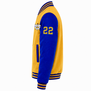Chaqueta universitaria personalizada de la hermandad Sigma Gamma Rho, azul y dorada, con cremallera frontal completa, cuello con ribete, logotipo bordado, de algodón. - Product Image 4